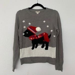 Ugly Christmas sweater dog on gray sweater SMALL